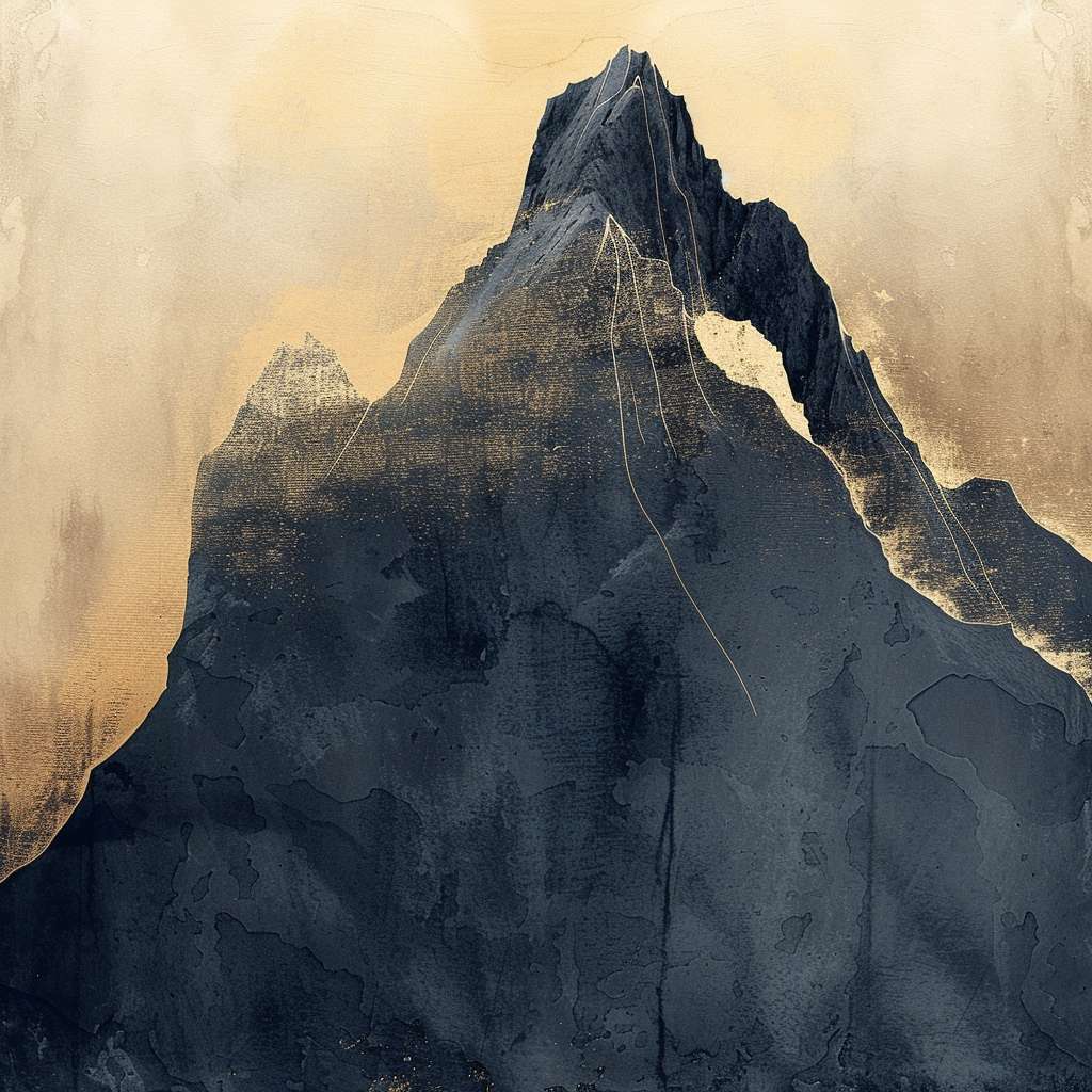 Abstract interpretation of Taoist mountain silhouette 
using gradient ink wash textures, 
faint golden thread weaving through, 
no text, modern Zen aesthetic --ar 1:1 --v 6 --stylize 100 --fast
