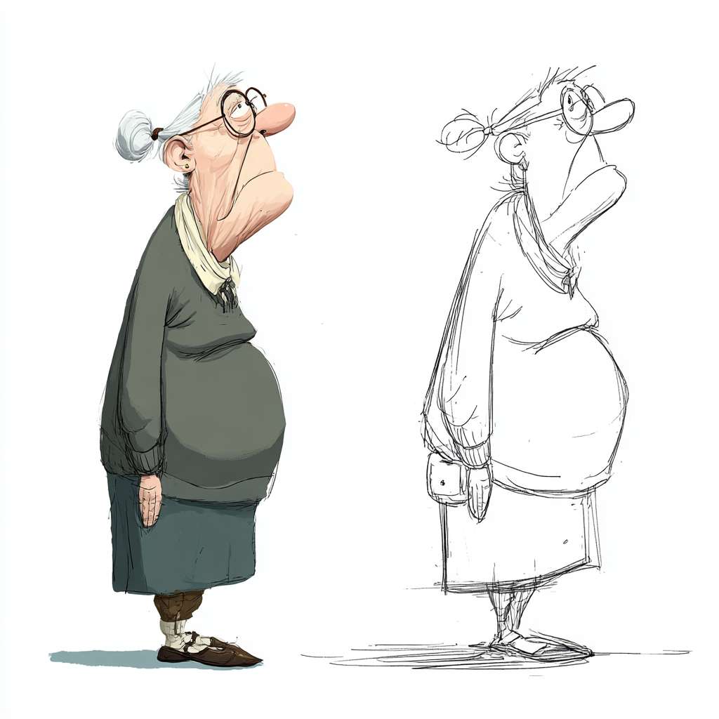 根据参考图，生成一位奶奶老人，矮个子，驼背严重，头花花白，身体佝偻着，简单线条风格，形式简单易懂，动画主体人物的形状，黑白，草图风，抽象，大师级风格，小胖子 --ar 1:1 --v 7 --stylize 100 --fast --no 水印