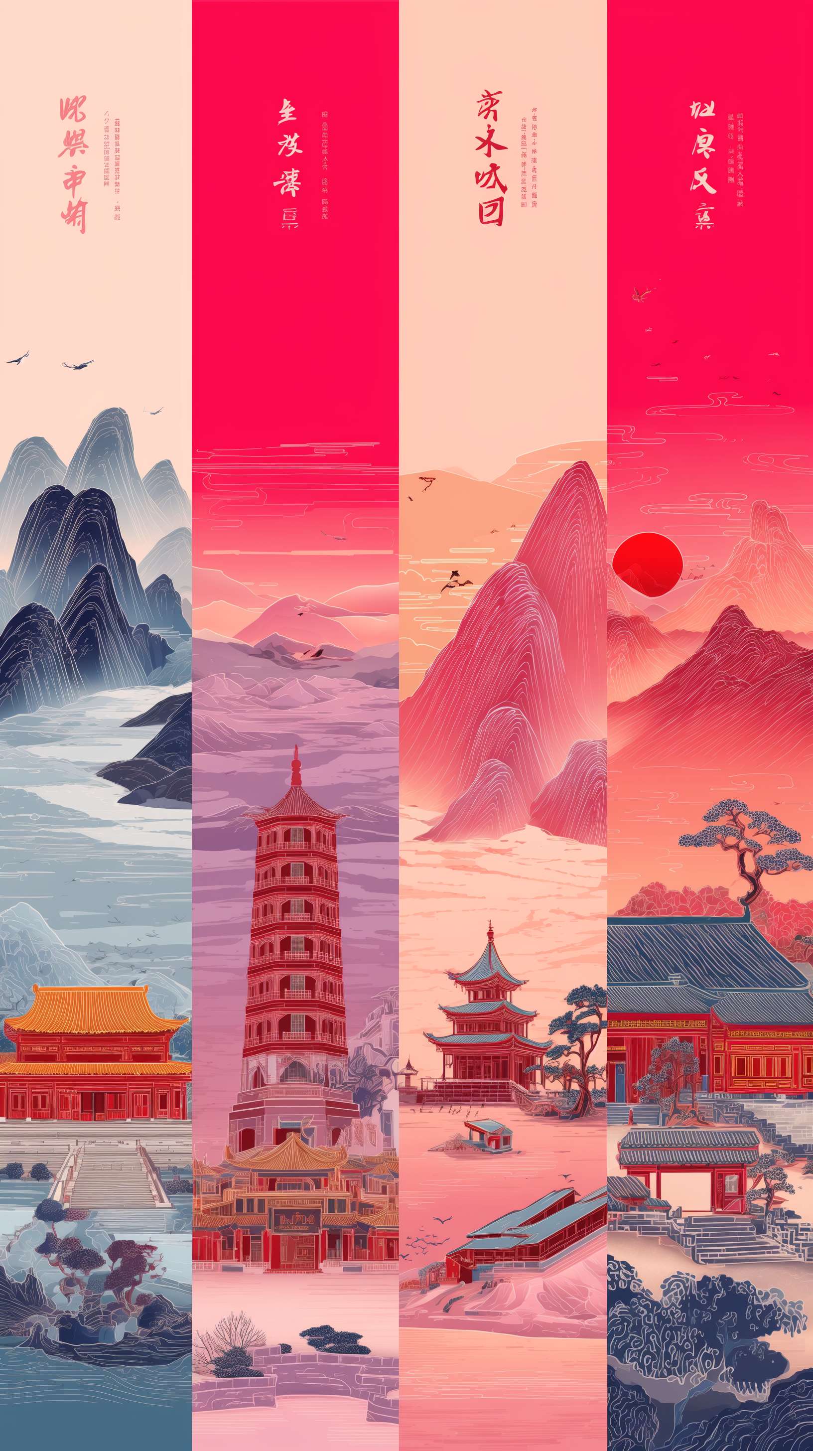 给我设计背景旅游圣地和特色小吃的庆祝2026年元旦快乐的海报，设计图像清晰简洁，美观鲜艳有吸引力的性质，四个图片中设计上不同的省市云南，四川，山东，北京两个字省市的名字，比例9:16 --ar 9:16 --v 7 --stylize 100 --fast --no 水印