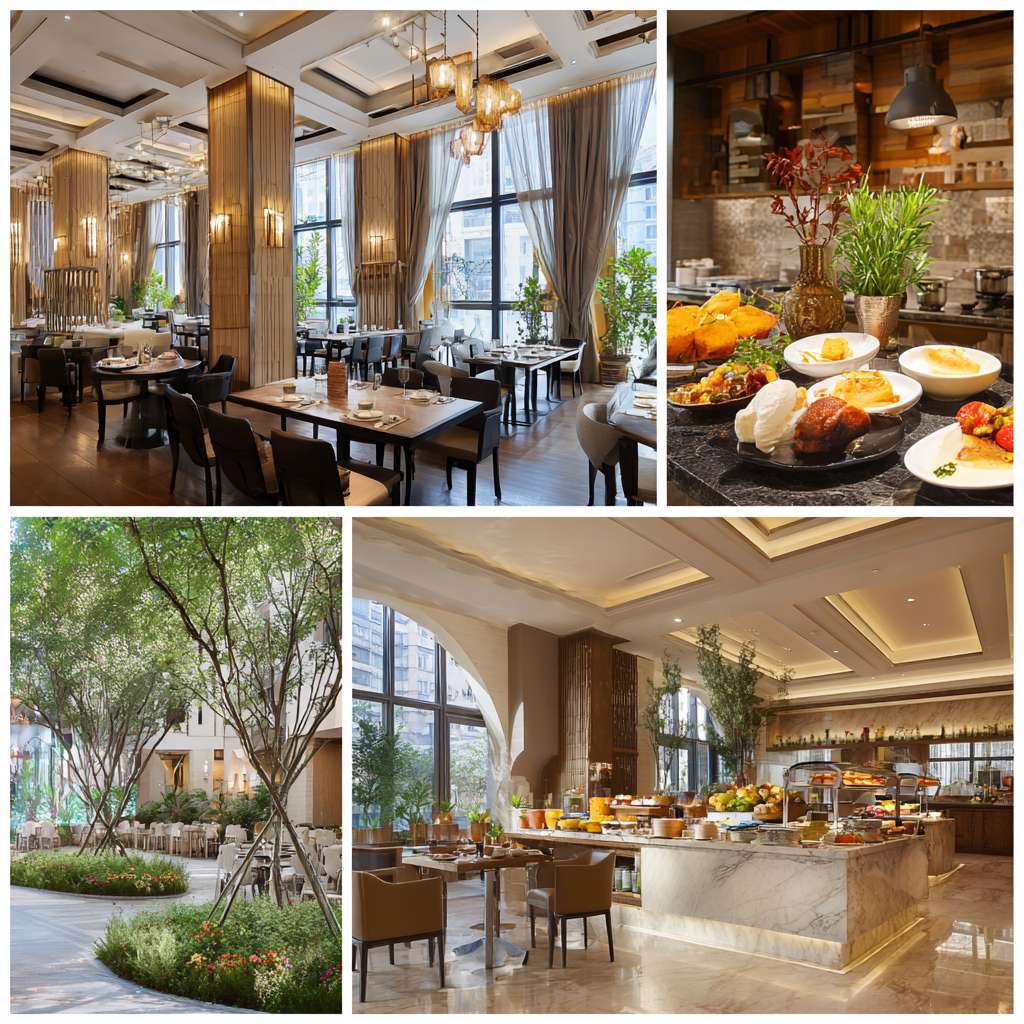 帮我做五张华住会真实酒店餐厅早餐宣传实拍照片 --ar 1:1 --v 7 --stylize 100 --fast --no 水印