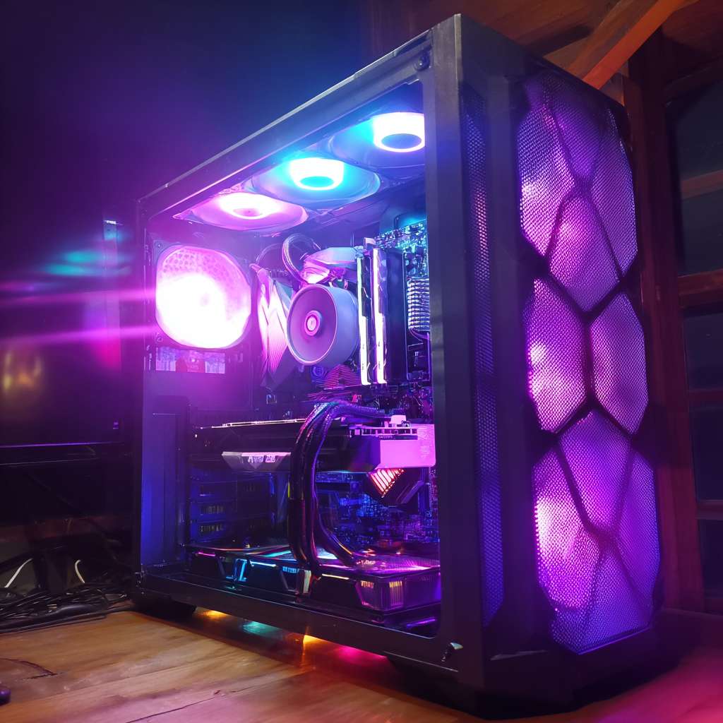 错了，机箱要海景房的样子，要放到电脑旁边。然后整体风格要像打游戏的，还要有灯光，时间是晚上。置物架要保留。 --ar 1:1 --v 7 --stylize 100 --fast --no 水印