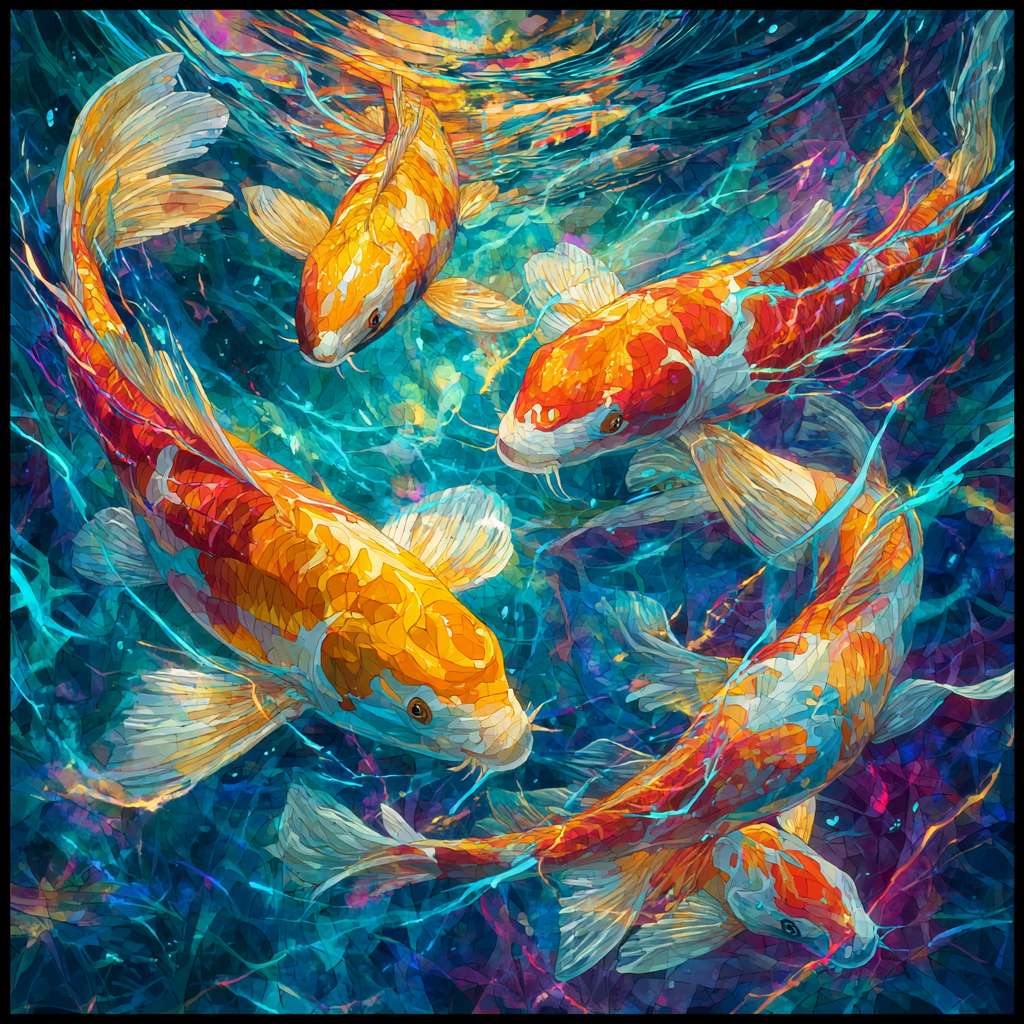 Vibrant underwater scene: blue water with colorful light bursts, koi in sinuous poses, 粗笔触 for texture, 细笔触 for detail, abstract. --ar 1:1 --v 7 --stylize 100 --fast --no 水印