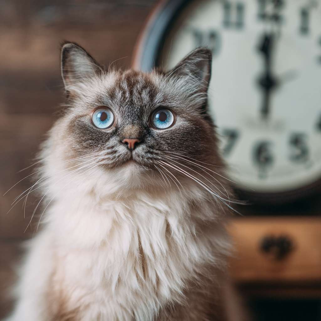 一只布偶猫，眼神呆滞地望着墙上的时钟，时钟指向5点，照片级真实感，4k，细节生动，滑稽可爱 --ar 1:1 --v 7 --stylize 100 --fast --no 水印