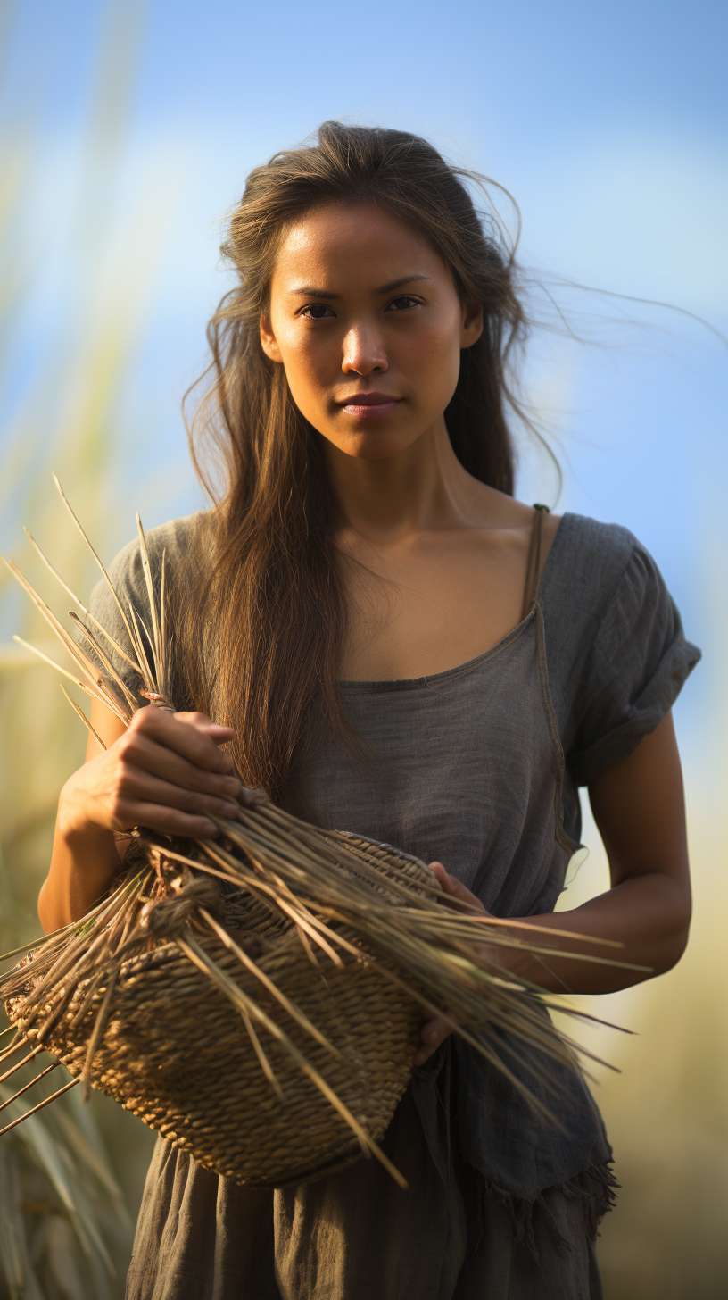 masterpiece, 8k, hyperrealistic photo of a modern rural woman standing in a golden rice paddy, holding a bundle of ripe rice stalks in her hands, wearing loose cotton shirt and muddy work gloves, detailed weathered skin texture, morning mist with dewdrops on rice ears, natural soft backlighting from low-angle sunlight, shallow depth of field with blurred background, dynamic motion blur on swaying rice stems, cinematic composition, Fujifilm GFX 100s medium format camera, f/1.4 aperture, 85mm lens, ISO 100, award-winning photography --ar 9:16 --v 5.2 --stylize 100 --fast