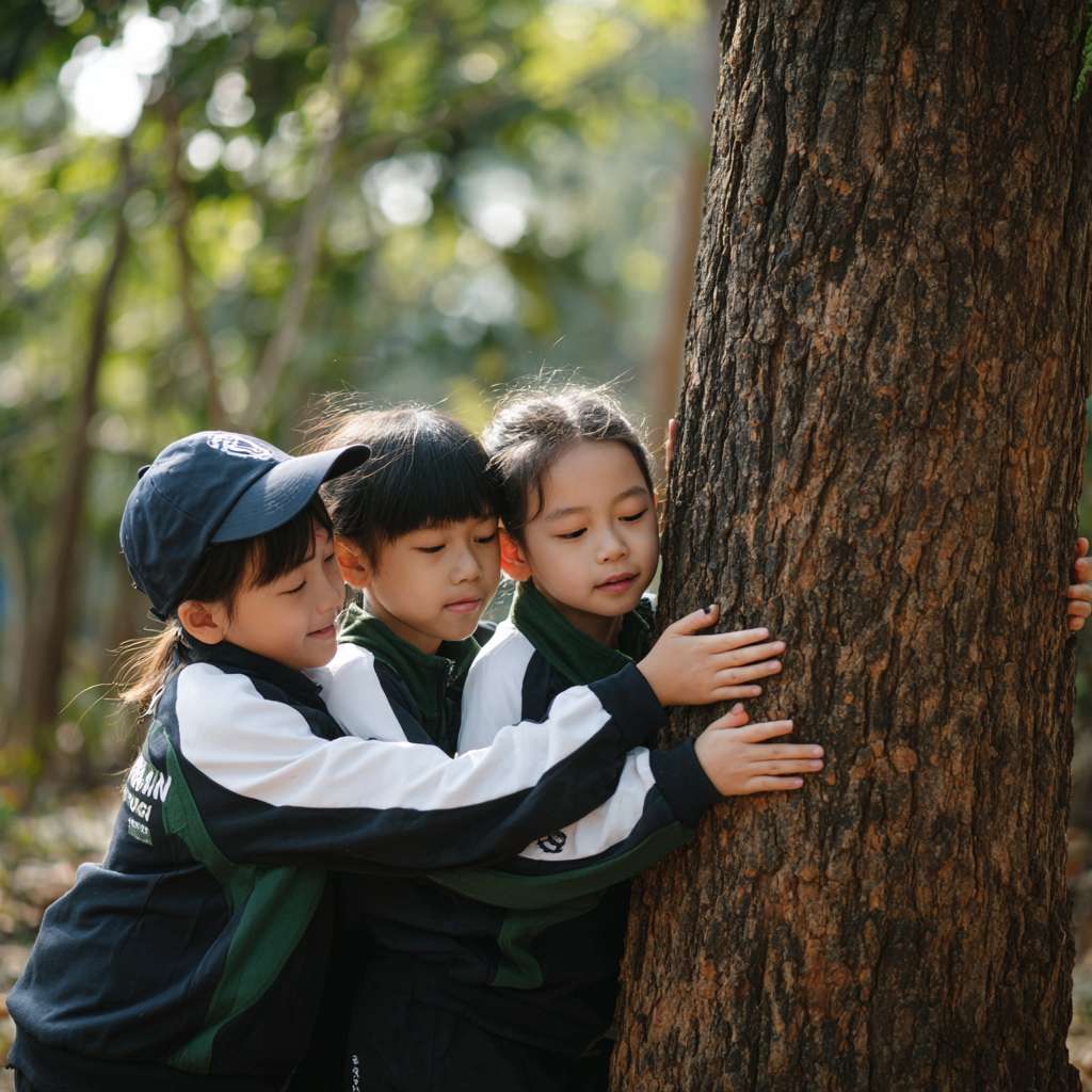 三位大約十至十一歲的小學生圍繞著一棵大樹，雙手輕觸樹幹，閉上眼睛感受大自然的氣息。陽光穿過樹葉灑下，光線柔和自然，背景是森林或公園環境，氣氛平靜、溫暖、真實。真實攝影風格，運動服整潔，構圖自然，他們穿著整齊的運動服，環抱著大樹，並脫掉帽子 --ar 1:1 --v 7 --stylize 100 --fast --no 水印