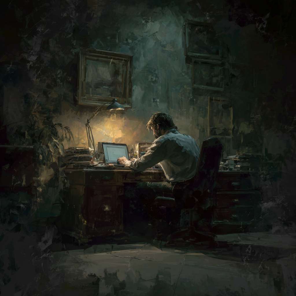 坐在书桌前，用电脑的图片 --ar 1:1 --v 7 --stylize 100 --fast --no 水印