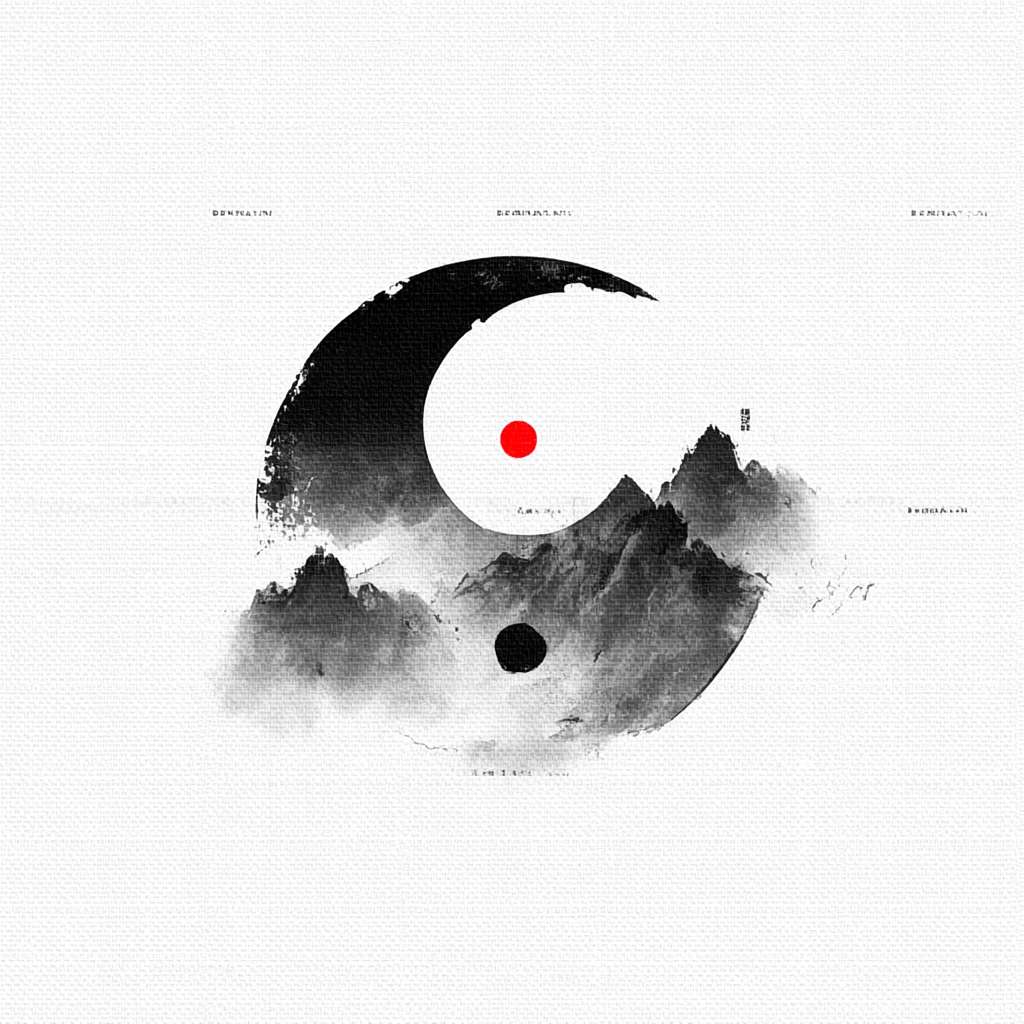 "Circular logo, Chinese ink-wash Tai Chi symbol in black and white, surrounded by faint misty mountain silhouettes, a single red dot in the center, pure white background, Zen style, minimalistic, no text, no watermark, high resolution, vector art" --ar 1:1 --v 7 --stylize 100 --fast