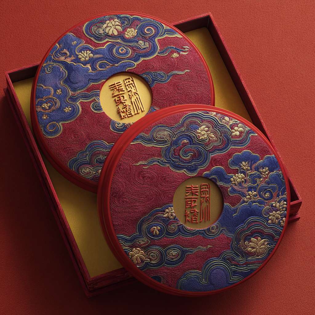 Chinese Mid-Autumn mooncake gift box, vermilion red background with indigo blue patterns, gold foil embossed clouds and chrysanthemums, traditional Chinese window cut-out revealing yellow inner box, silk fabric interior, matte texture with glossy accents, classic Chinese aesthetic, top view product shot, studio lighting, hyperrealistic, 4k detail --ar 1:1 --v 7 --stylize 100 --fast