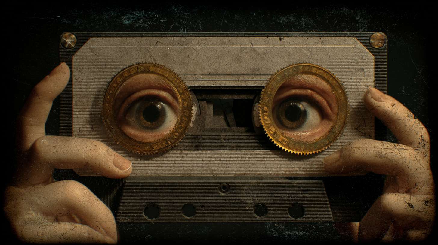 Dreamscapes, theme: Surrealist 3D stereoscopic effect, depicting a trembling hand pressing the play button of an old-fashioned cassette player, with two circular gears on the tape player and two brown eyes. Surrealist atmosphere: The connection between the eyes and hands is eerie and mysterious, as the Buddha like hand uncovers the truth about the eyes or performs a silent magic. The whole picture conveys an unknown atmosphere, emitting a surreal and charming beauty --ar 16:9 --v 7 --stylize 100 --fast