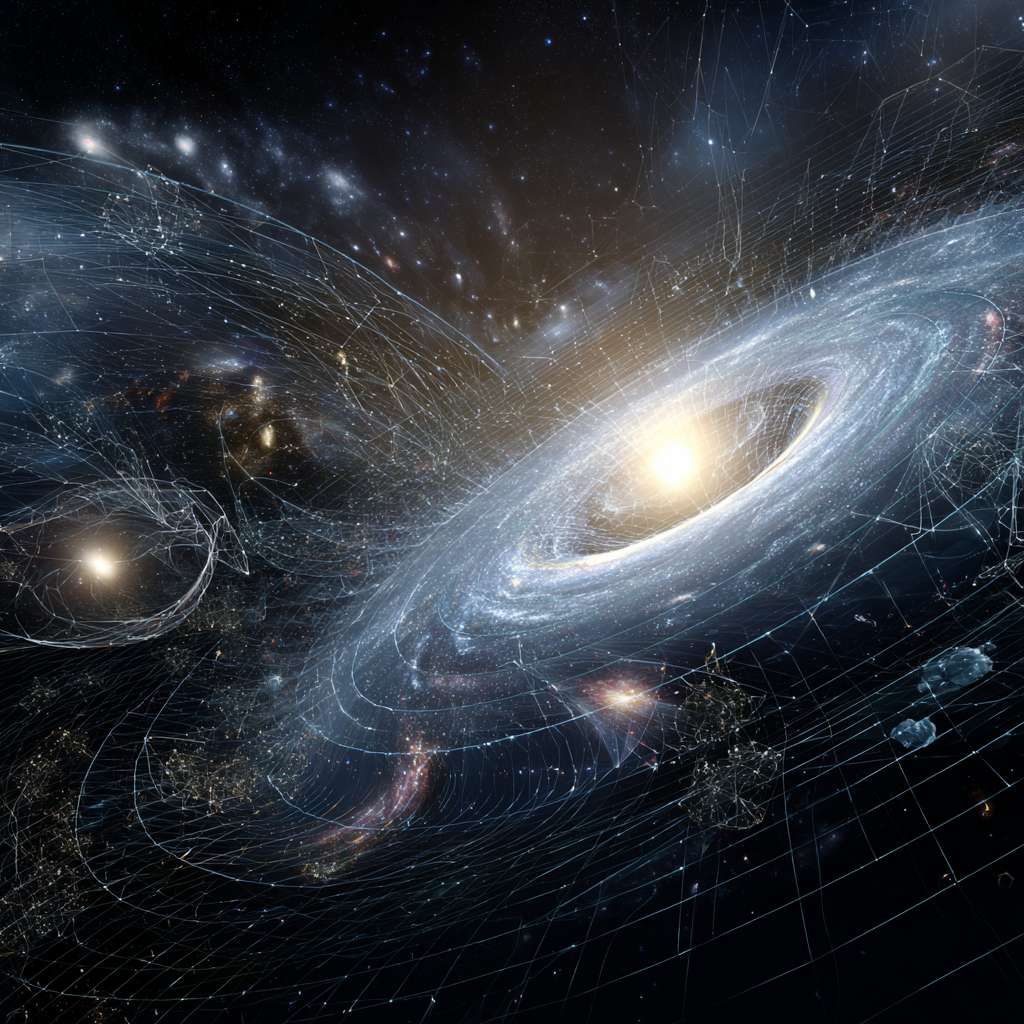 在浩瀚宇宙中有黑洞，星宇，各种星系天体，在这个画面中地球是最进的画面，显得非常科技风，地球外卖呢环绕好多物联网科技风虚线路 --ar 1:1 --v 7 --stylize 100 --fast --no 水印