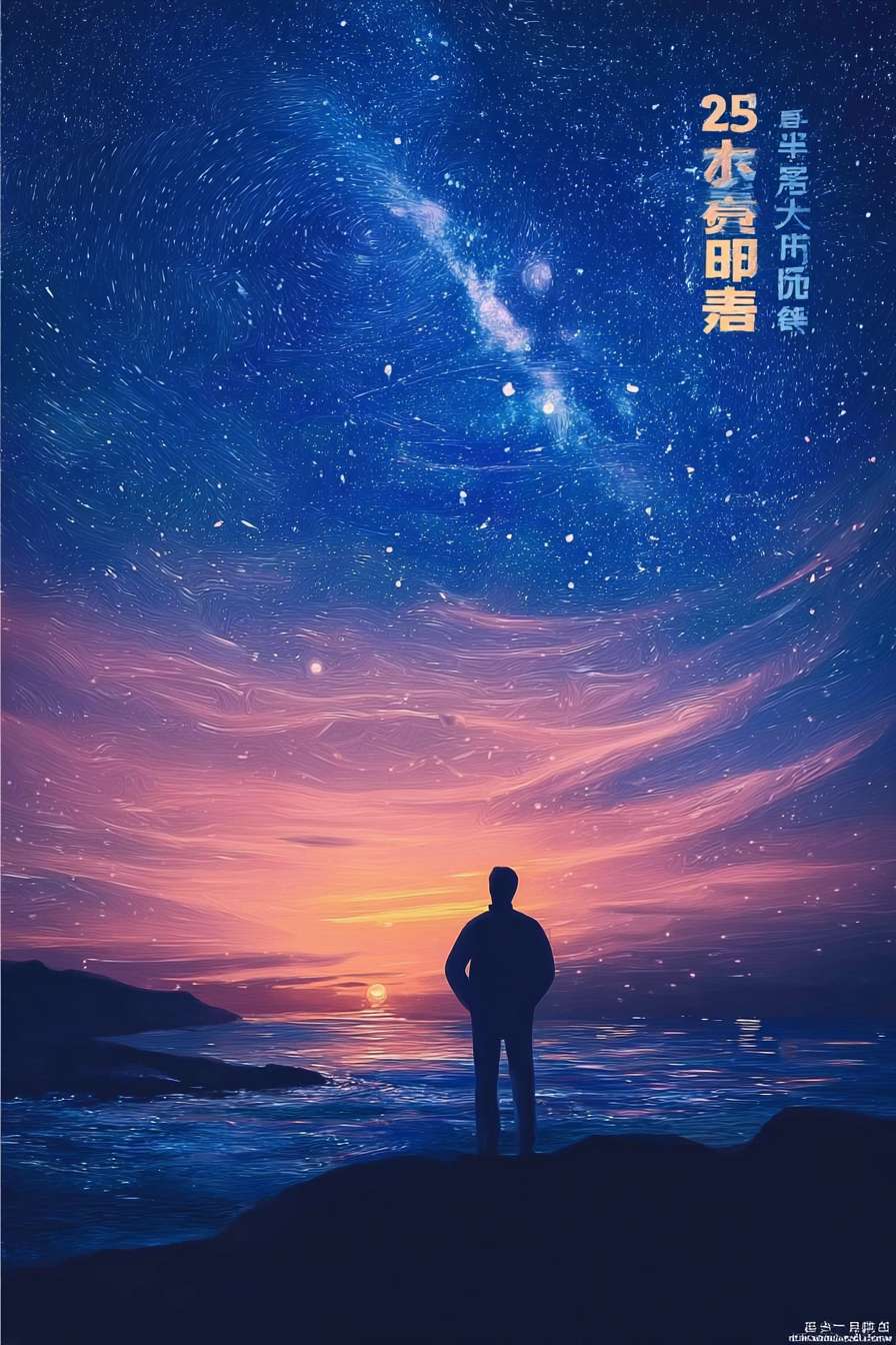 https://img-xpc-mj0.xpccdn.com/prod/upload/4dfeb8dd-245d-4783-9504-b11af8391cce/7aa9eafb5e50560f57ea6eadfa01c5dd.png~tplv-5yakomv5zn-auto-v1%3A1024%3A0%3Aq75.jpg 根据上传图片风格生成插画背景，不要文字，以海洋陆地星空为主，反应人的成长与追求，人物为剪影背影，大气，色彩丰富 --ar 2:3 --v 7 --stylize 100 --fast --iw 1 --no 水印