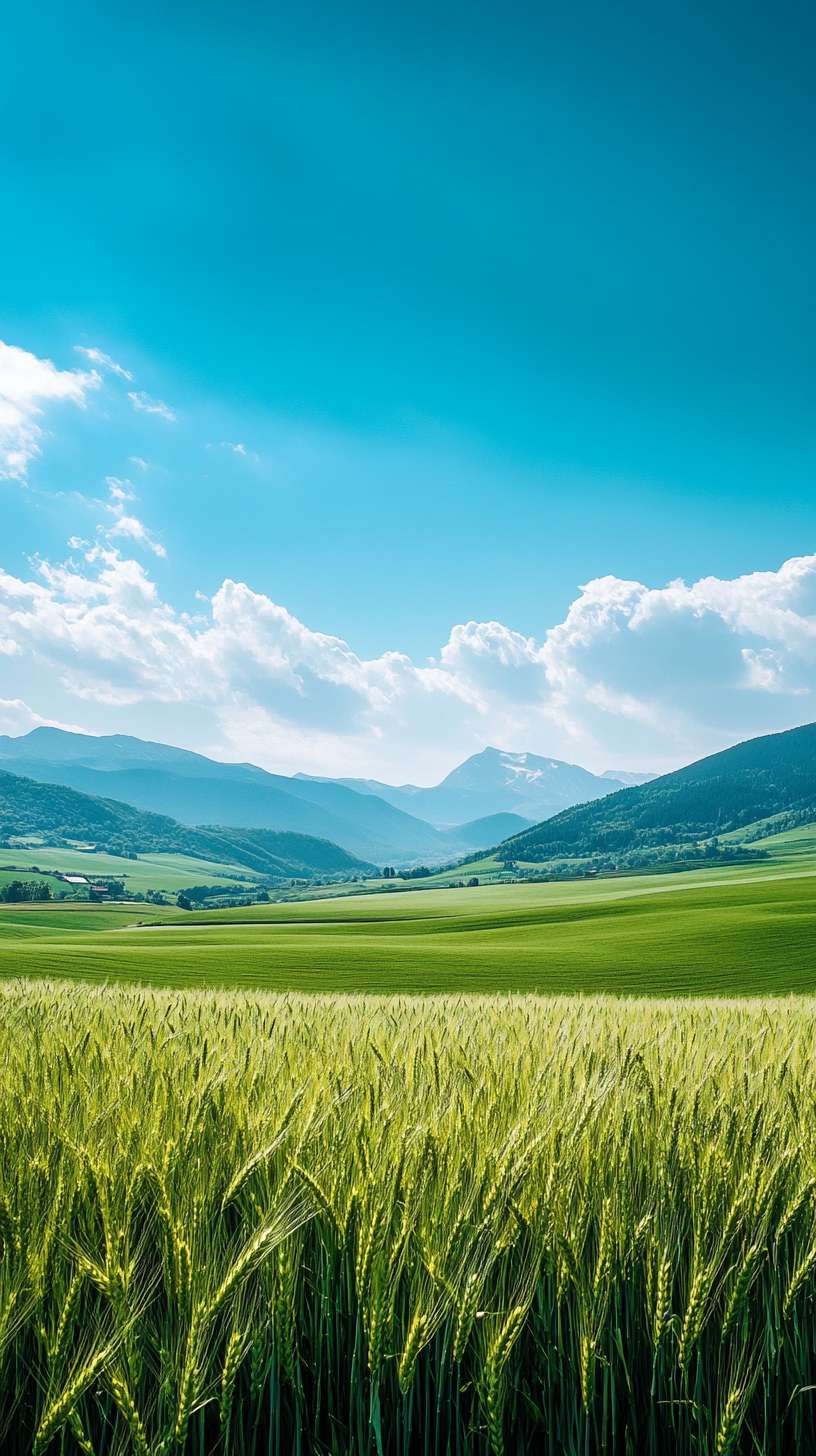 Green wheat field, mountains in the distance, blue sky, wallpaper category high quality images, HD photography cell phone wallpapers, ultra high definition images,.. --ar 9:16 --v 6.1 --stylize 100 --fast