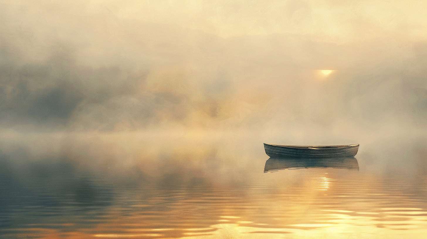 A solitary boat floating on a misty river at dawn, soft watercolor style, golden light reflecting on water ripples, minimalistic Zen aesthetic, empty boat symbolizing non-attachment, ethereal atmosphere, muted earth tones with subtle gold accents --ar 16:9 --v 6 --stylize 100 --fast