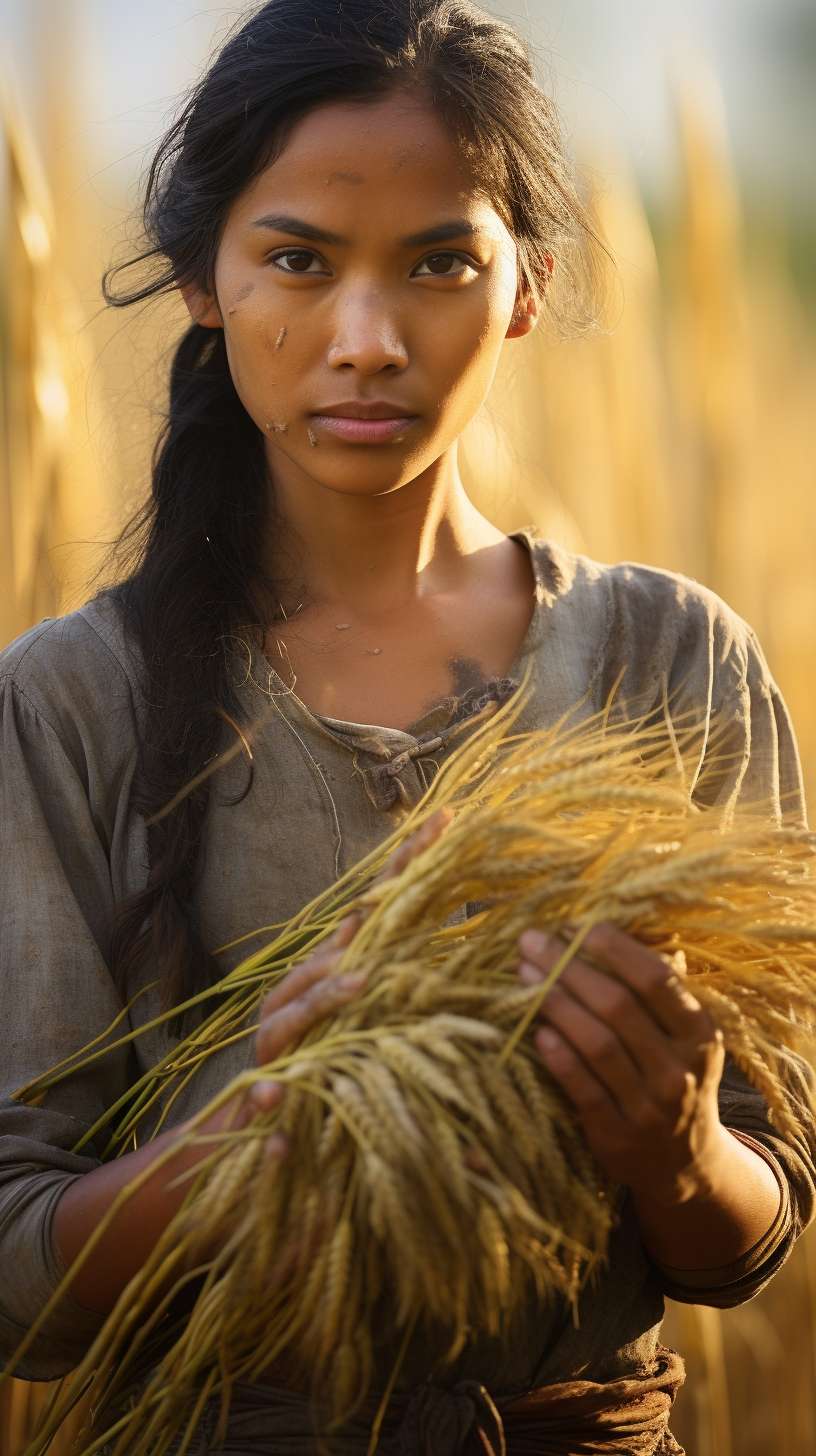 masterpiece, 8k, hyperrealistic photo of a modern rural woman standing in a golden rice paddy, holding a bundle of ripe rice stalks in her hands, wearing loose cotton shirt and muddy work gloves, detailed weathered skin texture, morning mist with dewdrops on rice ears, natural soft backlighting from low-angle sunlight, shallow depth of field with blurred background, dynamic motion blur on swaying rice stems, cinematic composition, Fujifilm GFX 100s medium format camera, f/1.4 aperture, 85mm lens, ISO 100, award-winning photography --ar 9:16 --v 5.2 --stylize 100 --fast