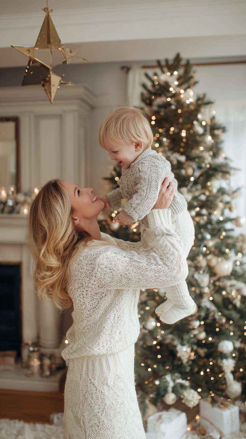 2室内圣诞树顶挂星星，妈妈托举孩子，树身缠绕彩灯，地面有未挂的袜子装饰，镜头从下往上推，温馨写实风妈妈和孩子都金发 --ar 9:16 --v 7 --stylize 100 --fast --no 水印