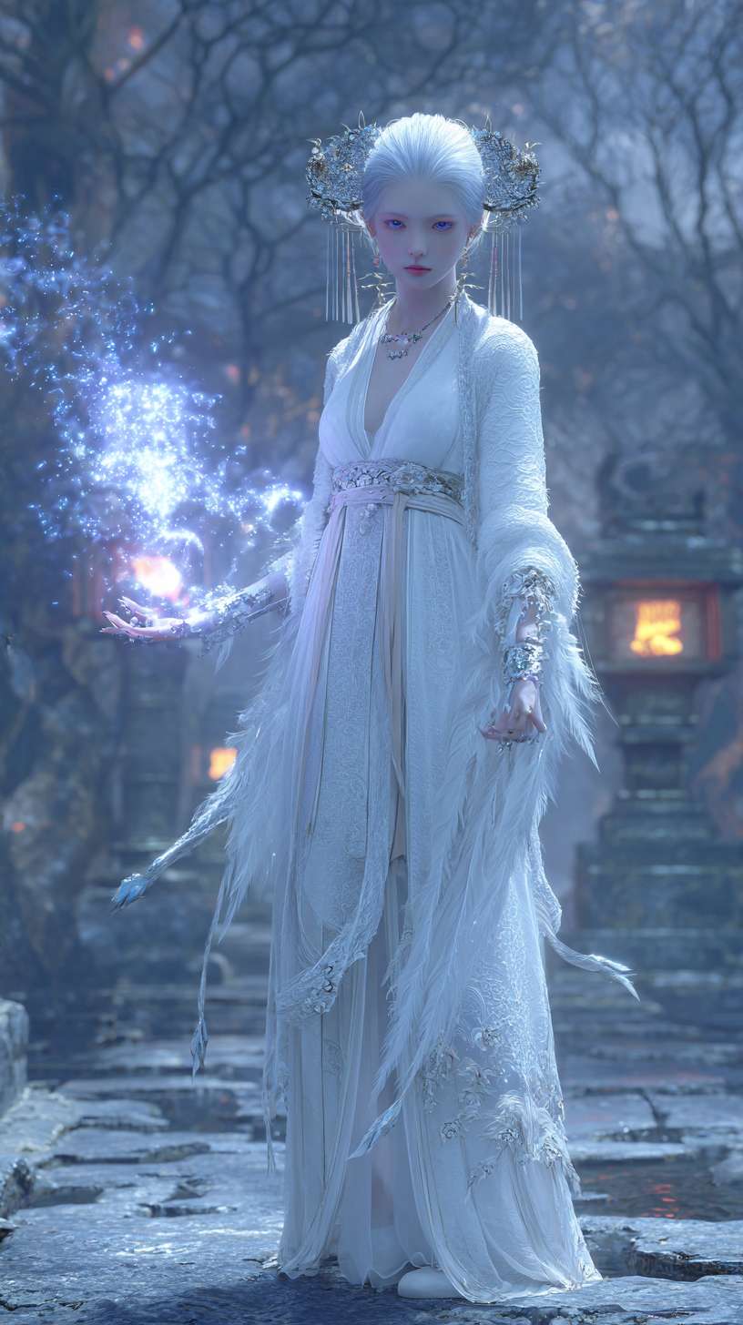 8K high - definition cinematic realism with Tsui Hark's fantastical camera techniques. Nie Xiaoqian wears a white绡纱 high - waisted ruqun featuring a tasteful slit that artfully frames her graceful legs, her semi - transparent feather silk outer robe flowing like liquid silk in artificial wind. She stands before a dilapidated temple in ancient forest depths, where moss - covered pillars are tangled with spiderwebs and broken clay statues cast eerie shadows under moonlight. A diagonal ray of God's light pierces through tree canopies, silvering her hair and highlighting drooping fox ears that evoke vulnerability. Her ice - blue demonic eyes glisten with unshed tears, framed by crystalline silver filigree. Pale skin glows with pearlescent moonlight as she holds floating dead leaves with trembling hands, silver bracelets jingling softly. Purplish - blue demonic energy coils around her ankles in particle特效, creating surreal patterns on rubble - strewn ground. The background blurs into mist - shrouded primeval forest, while fireflies in 0.5x speed orbit her. The color palette combines Tsui Hark's signature cyan - blue cool tones with warm golden佛光, emphasizing her haunting fragility. --ar 9:16 --v 7 --stylize 100 --fast --no 水印