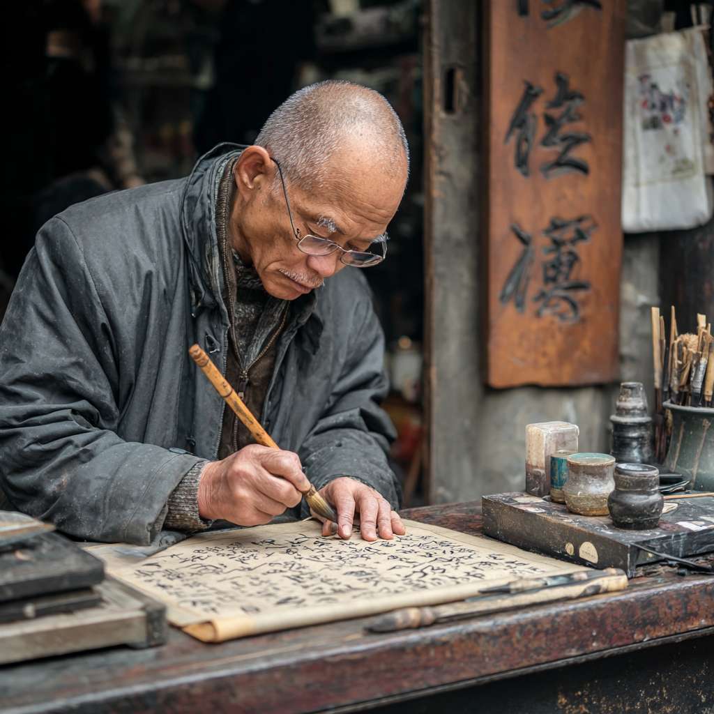 鹦鹉洲头，古色古香的桌案上，一只中年男人正在弹琴，视线在古琴跟手上，要能清楚看琴弦 --ar 1:1 --v 7 --stylize 100 --fast --no 水印