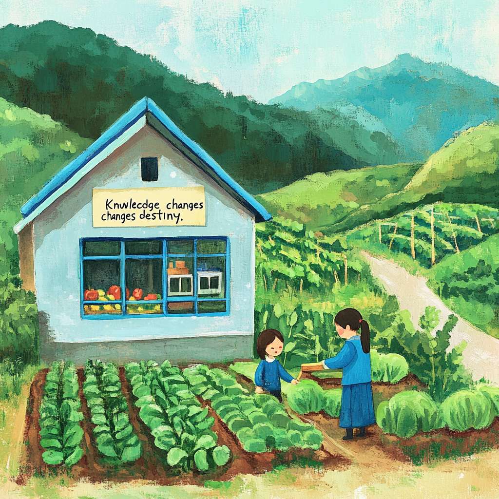 场景：小山村逐渐有了变化。
角色：
农民正在田里劳作，身后是一片绿油油的庄稼。
小女孩在新建的学校教室里上课，窗外可以看到新修的公路。
细节：
农民身后有一个小型的温室大棚，里面种满了蔬菜。
教室里有现代化的教学设备，墙上挂着“知识改变命运”的标语。
山坡上有一些新种的果树。
色彩：整体色调更加明亮，绿色和蓝色为主，象征生机和希望。 --ar 1:1 --v 6.1 --stylize 100 --fast