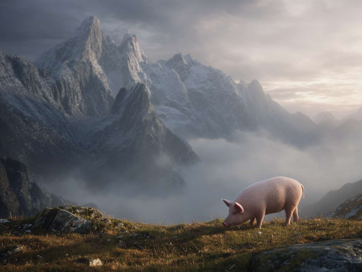 Photorealistic cinematic image，A pale pink pig on the grass next to the mountaintop, with a rocky mountain range behind it, and fog connecting the mountain range, full of warm colors and ultra high definition real materials， highly detailed photo. --ar 4:3 --v 7 --style raw --stylize 100 --fast