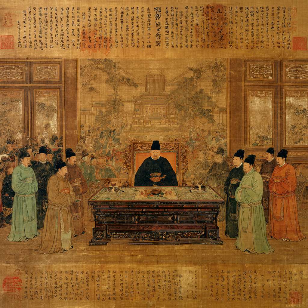 "中国水墨画风格，吴越王钱俶向宋太宗献图，宋代宫殿背景，工笔重彩，钱俶手捧舆图躬身而立，宋太宗端坐龙椅，周围大臣肃立，淡雅青绿设色，留白处题诗，古典印章，历史场景。" --ar 1:1 --v 7 --stylize 100 --fast --no 水印