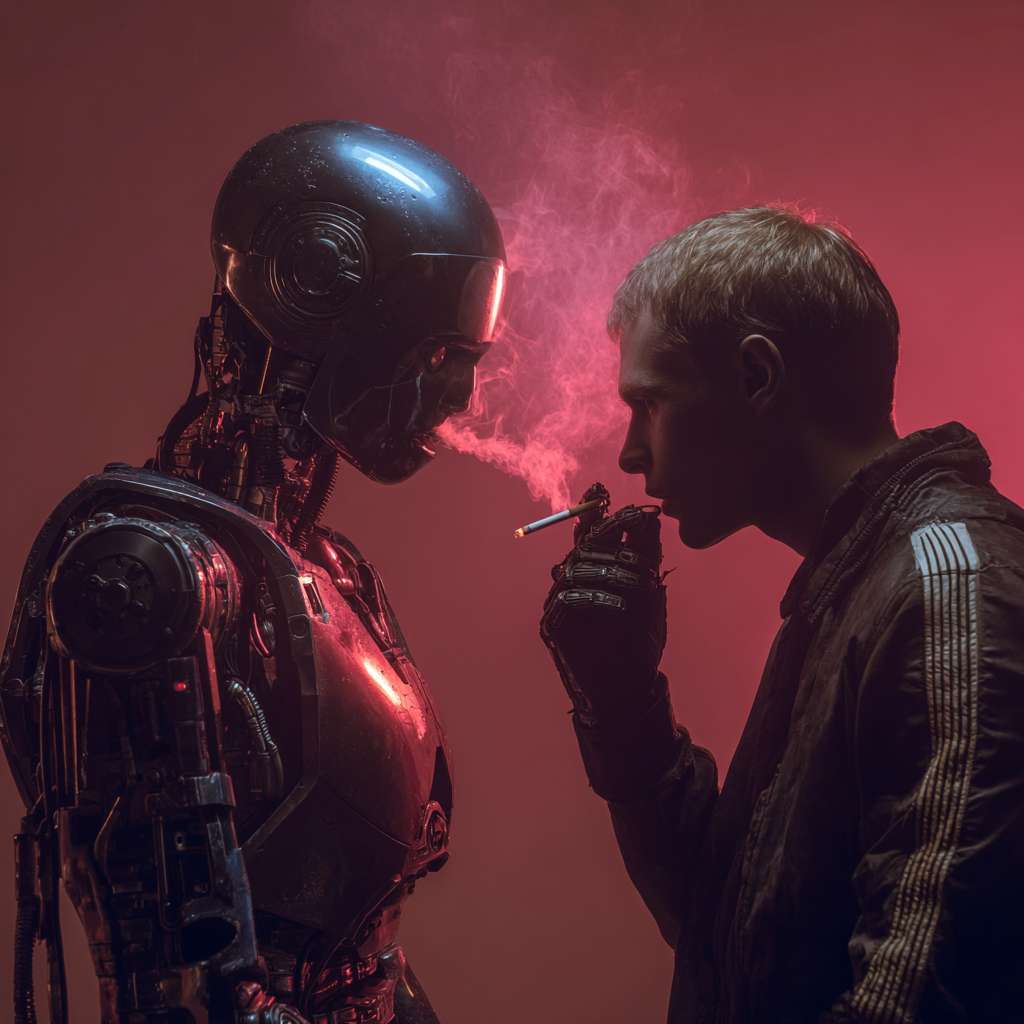 新闻热点：机器人和人类的关系是好是坏？ --ar 1:1 --v 7 --stylize 100 --fast --no 水印