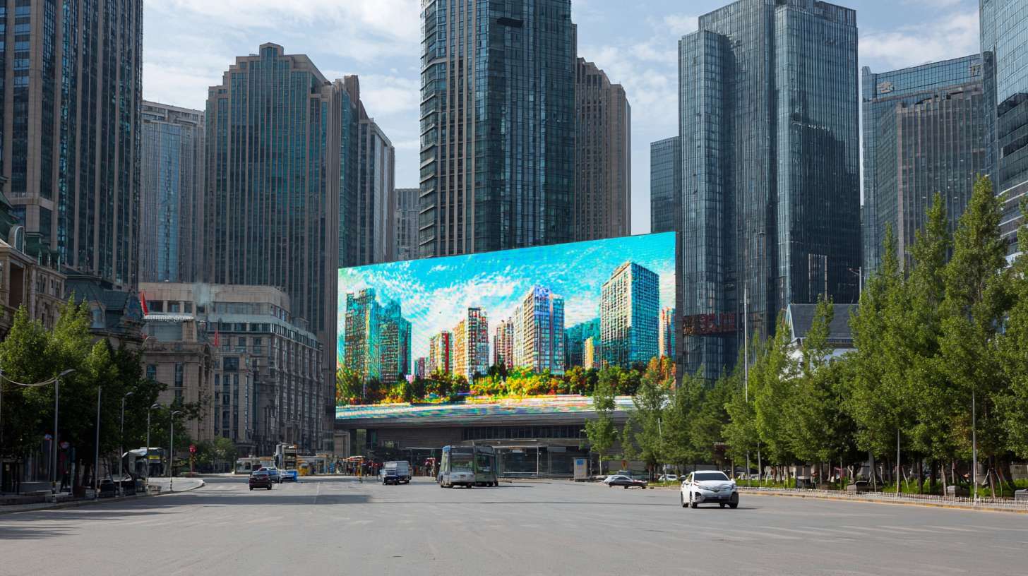 周围是城市的全景，中间一个和楼房一样大的LED屏幕立在画面中间 --ar 16:9 --v 7 --stylize 100 --fast --no 水印