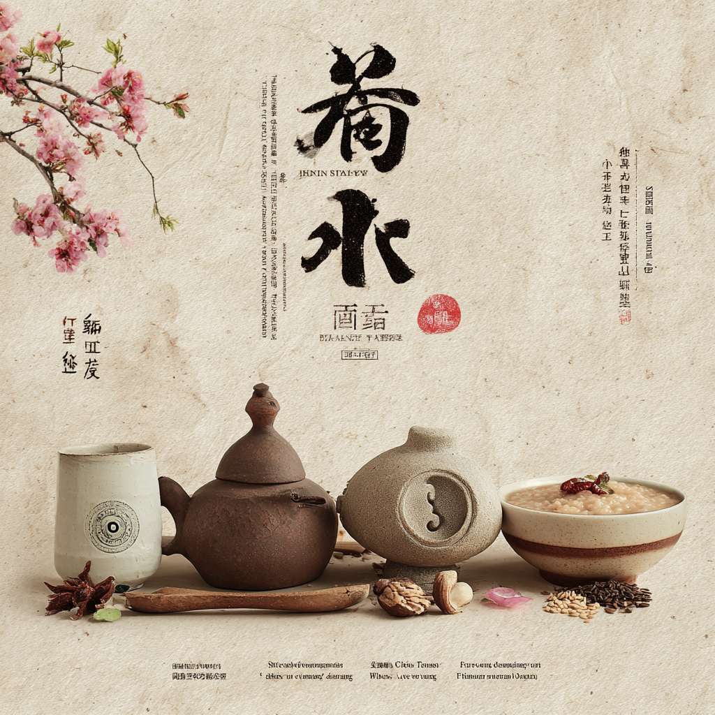 "Horizontal layout, faded ancient book texture as background, centered row of objects: teapot, ink brush, Tai Chi symbol, bowl of porridge, soft brown and pink tones, Chinese lifestyle, text '以古法,养今身' at bottom, 1200x600 pixels" --ar 1:1 --v 7 --stylize 100 --fast --no 水印