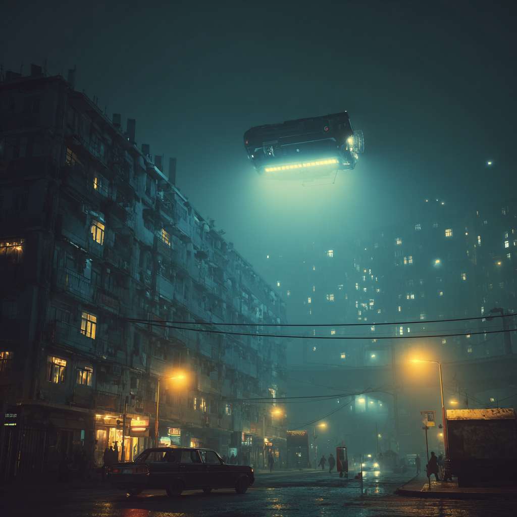 生成一张赛博朋克的城市夜景，空中有悬浮汽车，画面有立体感 --ar 1:1 --v 7 --stylize 100 --fast --no 水印