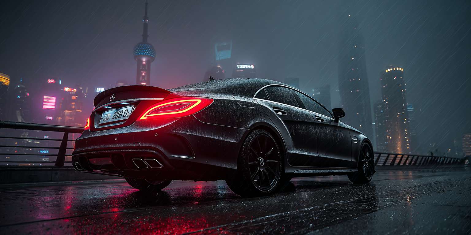 暗黑雨夜，2015款梅赛德斯-AMG CLS 63 S 4MATIC，曜石黑车身近乎隐于黑暗，唯有车尾两盏猩红色LED尾灯如恶魔之眼撕裂夜幕。倾盆大雨中，8K超清镜头捕捉：车顶、引擎盖、腰线布满晶莹雨珠，尾灯光束在湿滑柏油路面拉出血色倒影，四出排气弥漫低温白雾。背景为冷峻都市摩天楼剪影，霓虹光晕在雨帘中晕染。摄影风格：索尼A7S III拍摄，f/1.2大光圈浅景深，电影感暗调光影，赛博朋克红黑视觉冲击。 --ar 2:1 --v 7 --stylize 100 --fast --no 水印