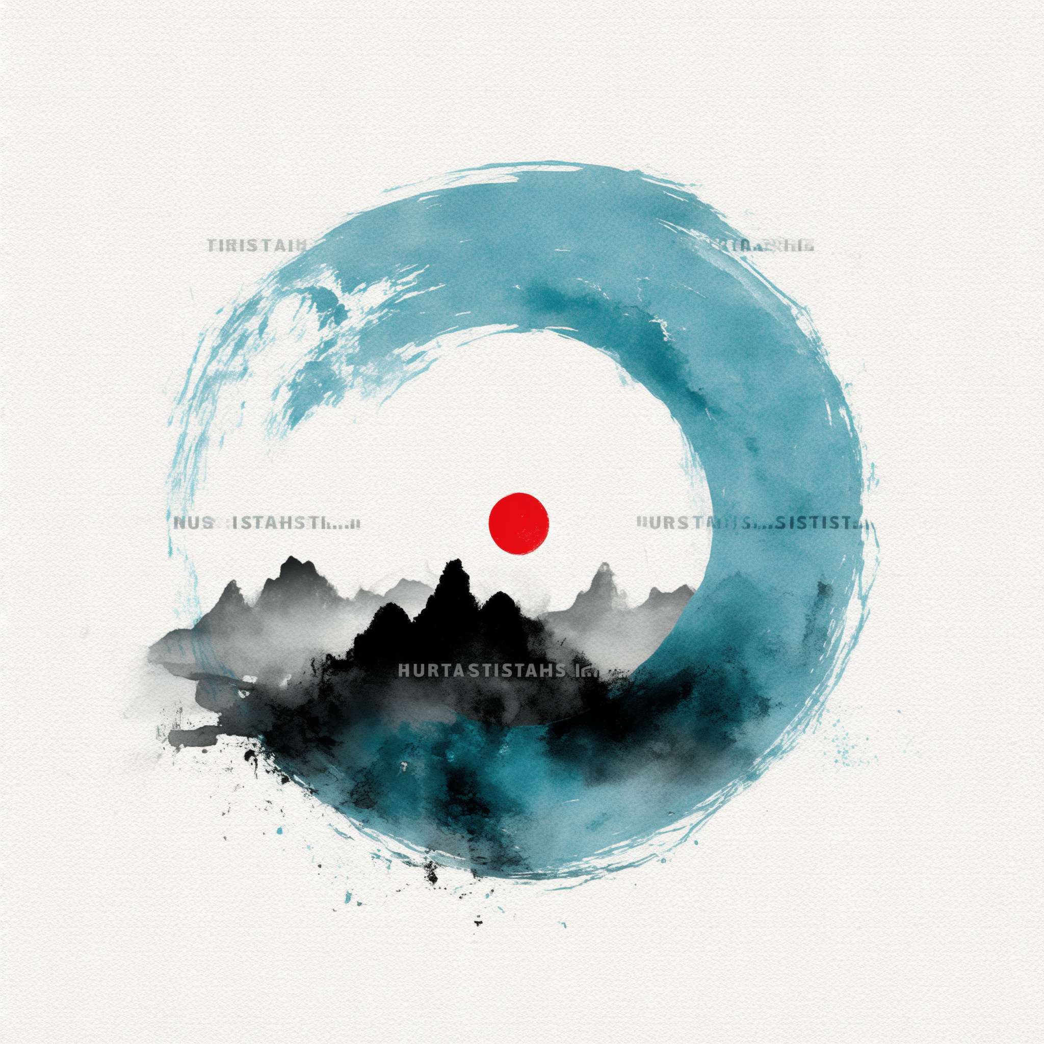 "Circular logo, a minimalist ink-wash Tai Chi symbol in cyan and black, surrounded by faint mountain silhouettes, red dot in Tai Chi center, white background, Chinese Zen style, clean and serene, no text, high resolution, vector style" --ar 1:1 --v 7 --stylize 100 --fast