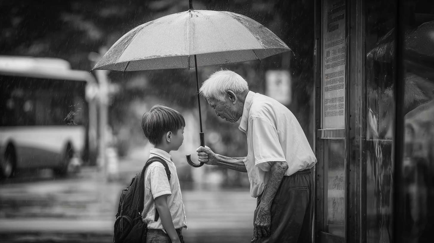 2. 白发老人、放学小男孩
• 地点：午后雨天的公交站台
• 事件：白发老人撑着小伞，伞沿倾斜护住身边背书包的小男孩，两人并肩站在雨棚下，老人不时调整伞的角度，小男孩偷偷把伞往老人那边推。 --ar 16:9 --v 7 --stylize 100 --fast --no 水印