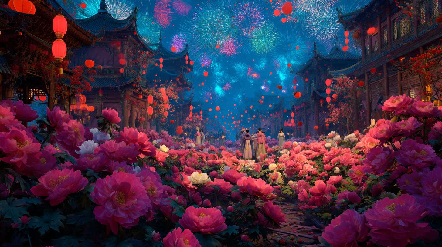 Unreal Engine 5 rendering, in this awe-inspiring scene of the ancient Luoyang Flower Festival, the composition centers on a vast sea of blooming peonies, surrounded by ancient-style pavilions, buildings, and winding corridors adorned with countless red lanterns, while the night sky is continuously lit up by colorful fireworks, the foreground features a celebrating crowd dressed in elegant Hanfu singing and dancing, the middle ground includes traditional Chinese architecture such as eaves-cornered pavilions, and the background blends deep blue starry skies with brilliant fireworks, in terms of color, vibrant reds, golds, and greens dominate, symbolizing luck and wealth, with the pink and white of the flowers sharply contrasting with the warm yellow of the lanterns, and the multicolored lights of the fireworks adding dynamic color variations, the lighting effects are exquisitely detailed, the soft glow from the lanterns casts warm shadows on people's faces and the ground, while the explosive flashes of fireworks create dazzling halos, contrasting with the cool moonlight to enhance the image's depth and dynamism, the entire scene is bustling and lively, with lanterns swaying gloriously, fireworks sparkling brilliantly, and the crowd cheering incessantly, as if transporting the viewer into a dreamlike ancient prosperous era filled with the charm of Chinese elements. --ar 16:9 --v 7 --c 20 --quality 4 --stylize 100 --fast