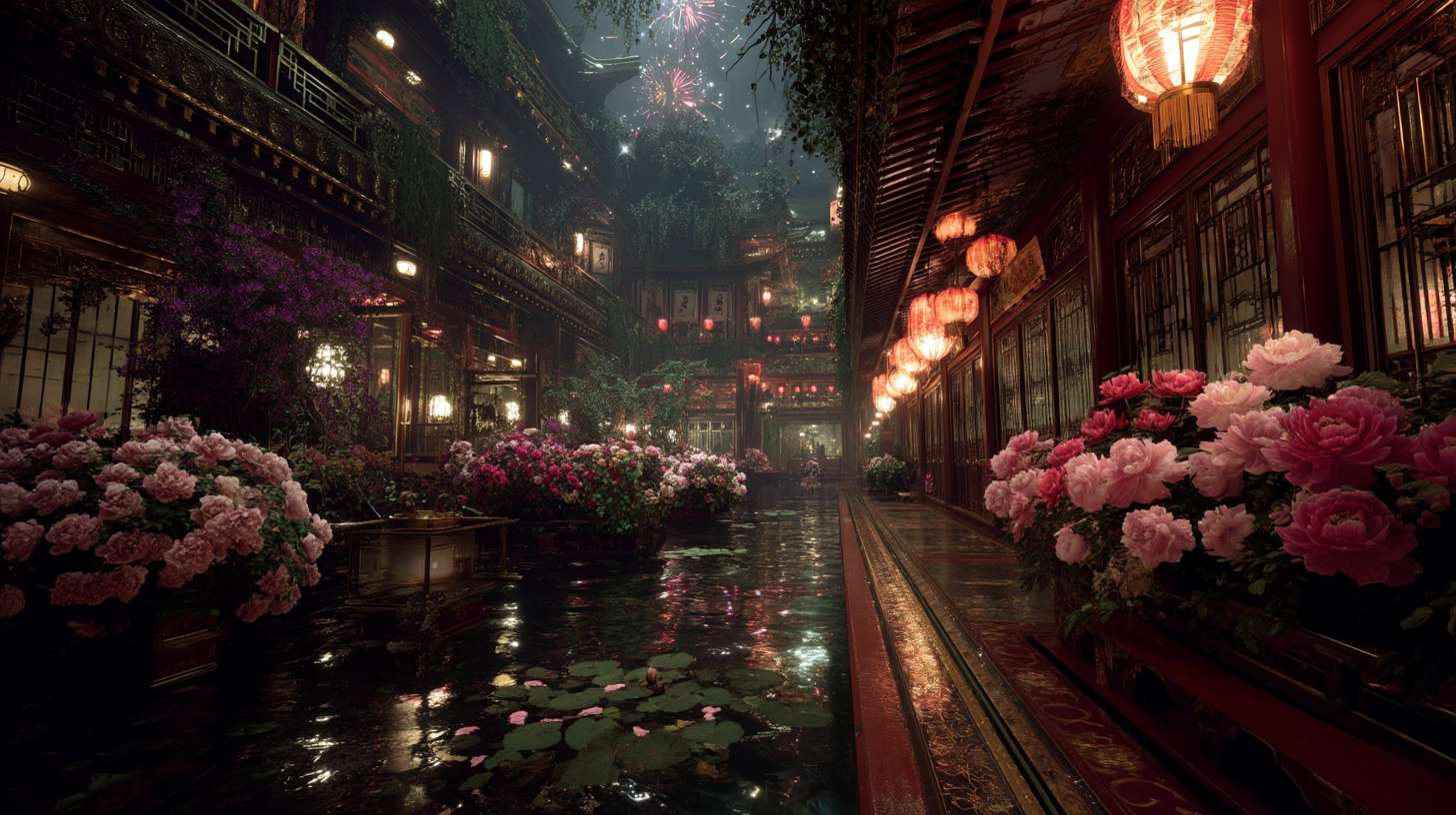 Unreal Engine 5 rendering, in this awe-inspiring scene of the ancient Luoyang Flower Festival, the composition centers on a vast sea of blooming peonies, surrounded by ancient-style pavilions, buildings, and winding corridors adorned with countless red lanterns, while the night sky is continuously lit up by colorful fireworks, the foreground features a celebrating crowd dressed in elegant Hanfu singing and dancing, the middle ground includes traditional Chinese architecture such as eaves-cornered pavilions, and the background blends deep blue starry skies with brilliant fireworks, in terms of color, vibrant reds, golds, and greens dominate, symbolizing luck and wealth, with the pink and white of the flowers sharply contrasting with the warm yellow of the lanterns, and the multicolored lights of the fireworks adding dynamic color variations, the lighting effects are exquisitely detailed, the soft glow from the lanterns casts warm shadows on people's faces and the ground, while the explosive flashes of fireworks create dazzling halos, contrasting with the cool moonlight to enhance the image's depth and dynamism, the entire scene is bustling and lively, with lanterns swaying gloriously, fireworks sparkling brilliantly, and the crowd cheering incessantly, as if transporting the viewer into a dreamlike ancient prosperous era filled with the charm of Chinese elements. --ar 16:9 --v 7 --c 20 --quality 4 --stylize 100 --fast
