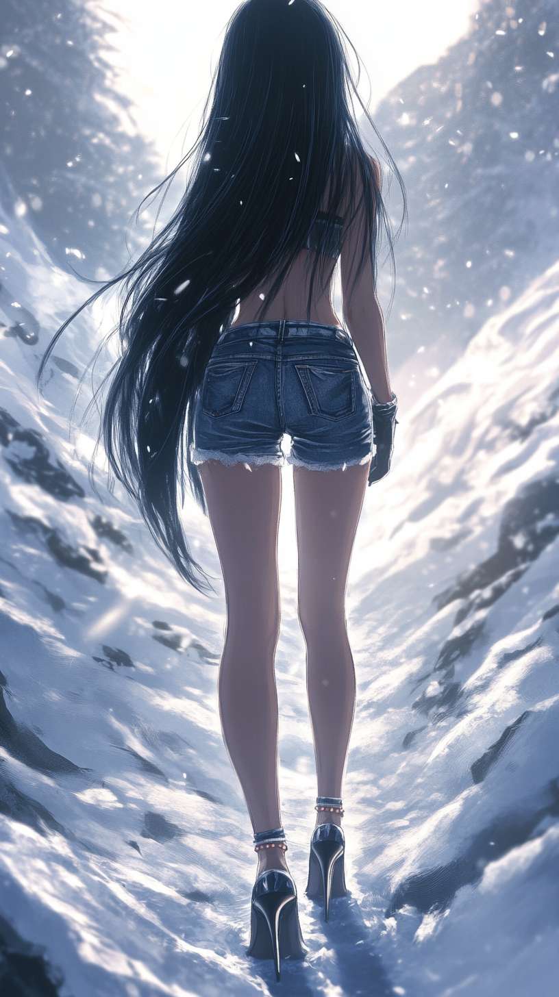 1个女孩，长发，黑发，短牛仔裤，长腿，高跟鞋，冬天，雪，雪地，雪山，光线 --ar 9:16 --v 6.1 --stylize 100 --fast --no 水印