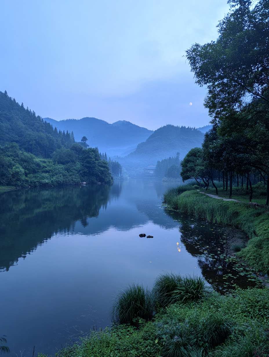 选择一张具有宁静感的自然风景图，如清晨的湖面、绿意盎然的森林，或者是一个安静的夜晚，月光洒在大地上的场景。这能体现中医哲学与自然节律的结合，给人放松和舒适的感觉。 --ar 3:4 --v 7 --stylize 100 --fast --no 水印