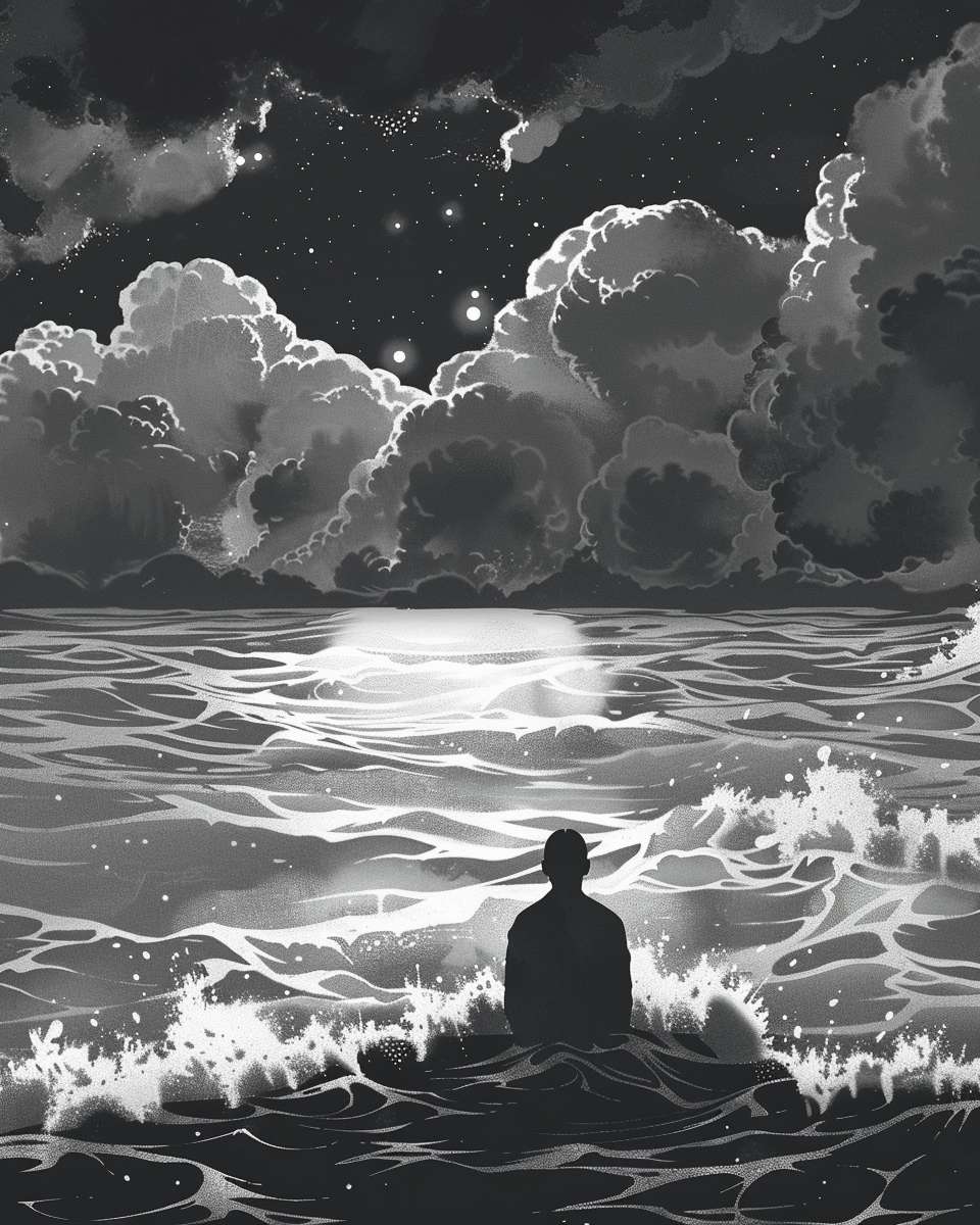 A person sitting on riverbank with turbulent water reflecting storm clouds, while their shadow reflects stars, no text, dual-tone illustration --ar 4:5 --v 6 --stylize 100 --fast