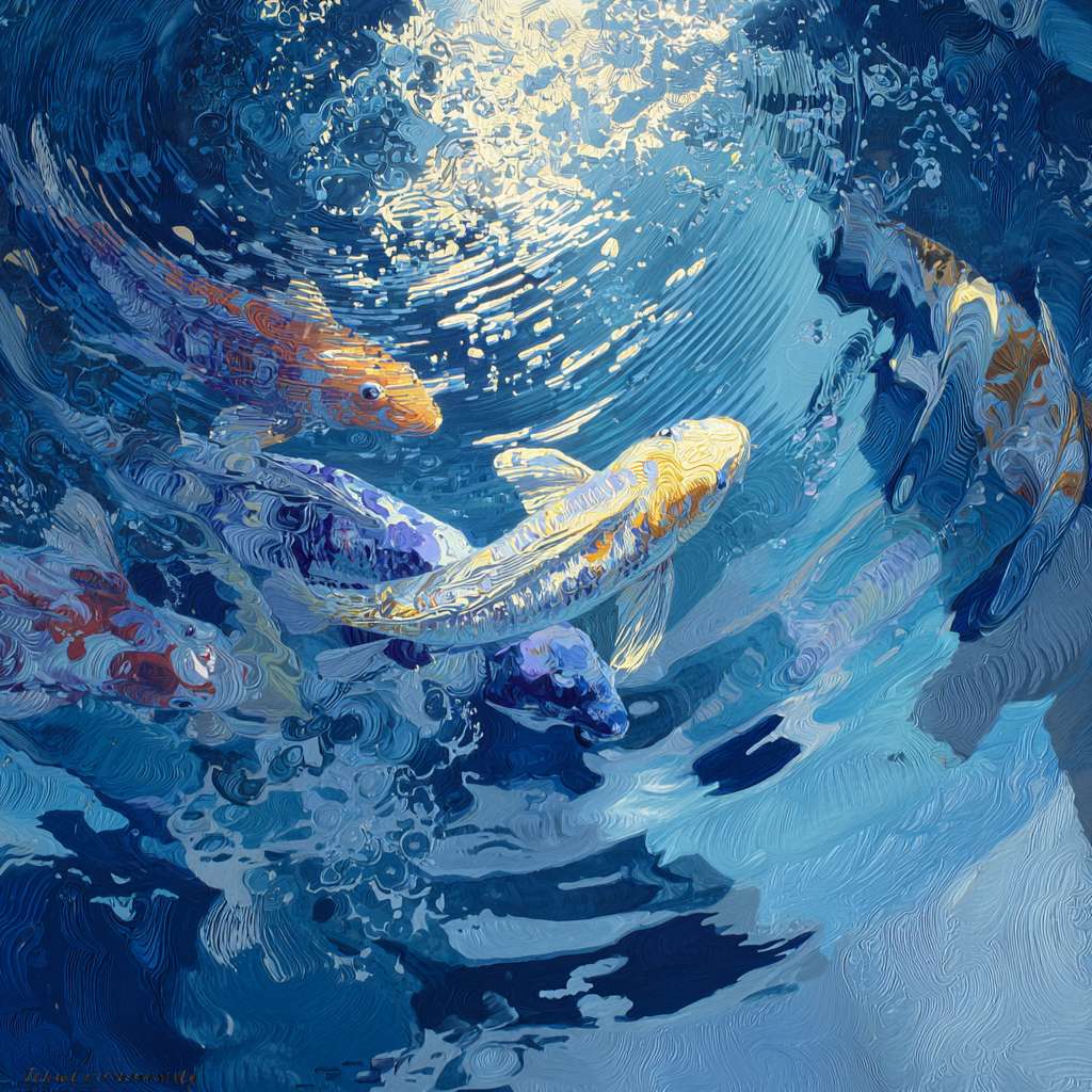 Surreal blue aquarium with shimmering koi and dynamic light, bold strokes for ripples, delicate strokes for scales, abstract. --ar 1:1 --v 7 --stylize 100 --fast