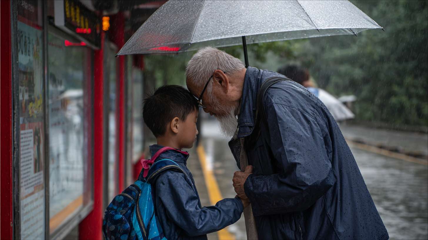 2. 白发老人、放学小男孩
• 地点：午后雨天的公交站台
• 事件：白发老人撑着小伞，伞沿倾斜护住身边背书包的小男孩，两人并肩站在雨棚下，老人不时调整伞的角度，小男孩偷偷把伞往老人那边推。 --ar 16:9 --v 7 --stylize 100 --fast --no 水印