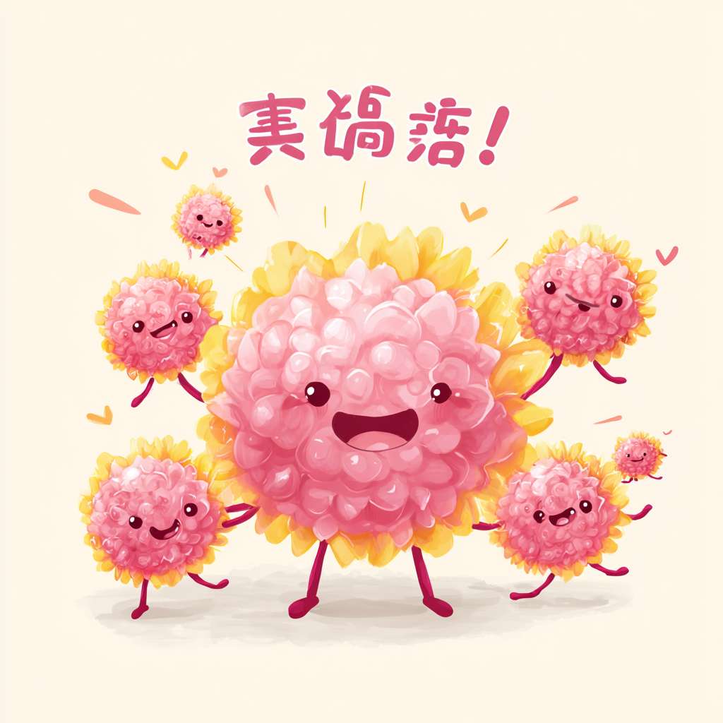 简笔画：干细胞和左侧一样，饱满又精神，周围有 5 个迷你干细胞，分化箭头又粗又亮，功能细胞们都睁着圆眼睛笑，下方配字：“年轻力壮：数量多，超能干！ --ar 1:1 --v 7 --stylize 100 --fast --no 水印
