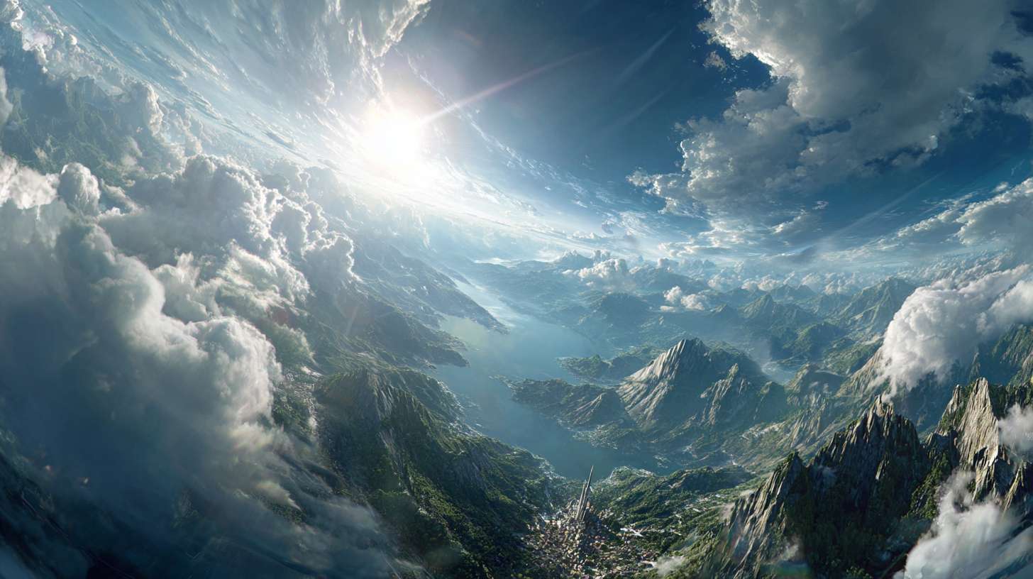 AI画面关键词:
dramatic drone shot soaring upwards, revealing a breathtaking panoramic view of mountains, rivers, and sea from above, the tower becomes small below, expansive, magnificent, clouds break through, god rays, 5d holographic map effect, ultra wide angle --ar 16:9 --v 7 --stylize 100 --fast --no 水印