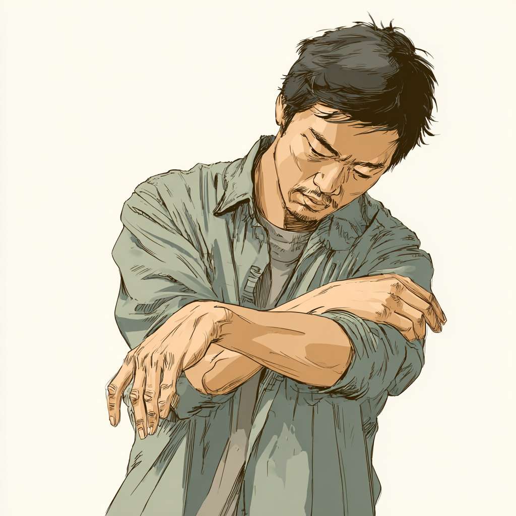 A picture of an Asian person  slapping their cubital fossa --ar 1:1 --v 7 --stylize 100 --fast