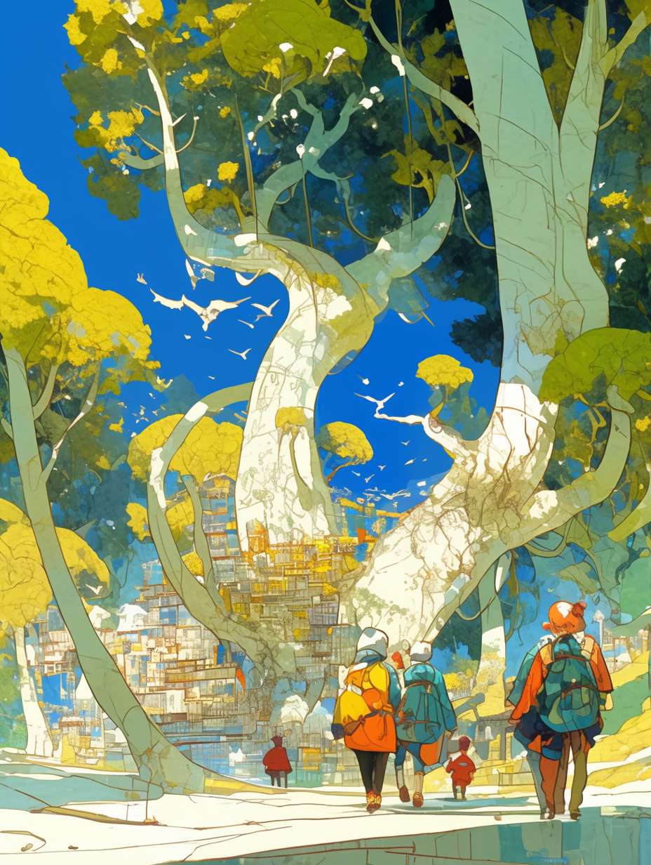 Mobius strip composition, in the yellow-green autumn day, a group of children carrying backpacks walking in the forest for an autumn outing, surrounded by huge white linear trees, the trees are complex linear color lines, there are flying birds in the sky, the illustration is drawn in a flat style of color lines, with yellow-green as the main color, in the style of Van Gogh's paintings, 64K --ar 3:4 --stylize 1000 --fast --niji 6