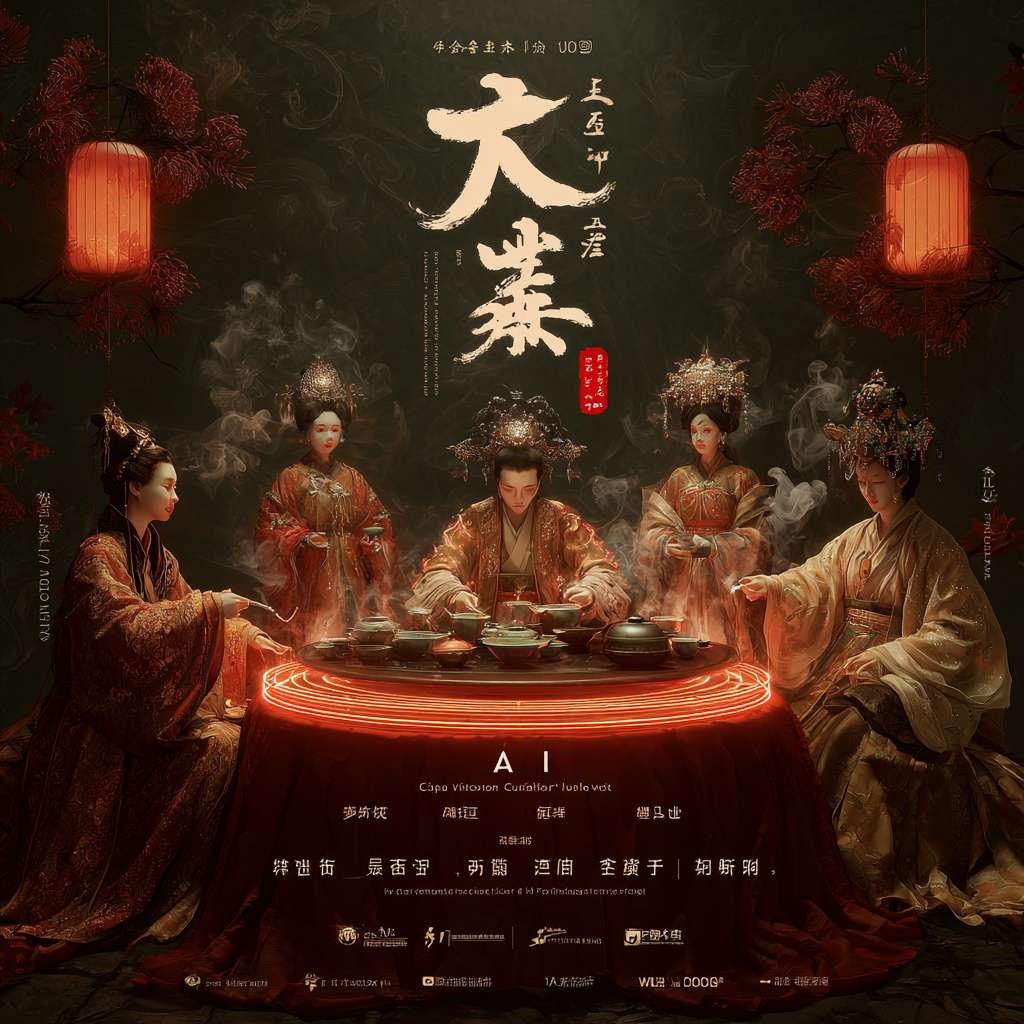 宣发海报图
同样运用 Midjourney 创作宣传海报图。输入 “茶颜悦色 AI 国风狂欢节宣传海报,画面中心是 AI 国风 IP 角色举办茶会,周围环绕动态全息茶饮特效,底部用霓虹毛笔字标注‘AI 调茶,国风新味’”。海报以朱砂红为主色调,搭配鎏金色边框,营造浓厚的国风氛围。画面中央,茶颜悦色的 AI 国风 IP 角色身着华丽汉服,围坐在悬浮的茶席旁,手持智能茶具进行茶艺表演。四周漂浮着全息投影的茶饮,散发着流光溢彩的特效,如茉莉花茶化作朵朵发光茉莉环绕。底部采用霓虹质感的毛笔字体,醒目地标注活动主题与时间地点,极具视觉冲击力。 --ar 1:1 --v 7 --stylize 100 --fast --no 水印