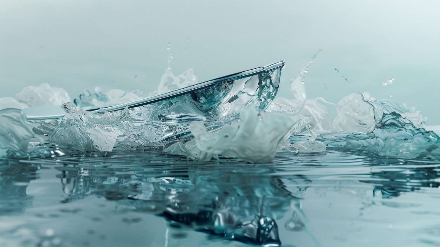 Glass boat floating in ink ocean, reflection shows smartphone sinking, surreal style, no text --ar 16:9 --v 6 --stylize 100 --fast