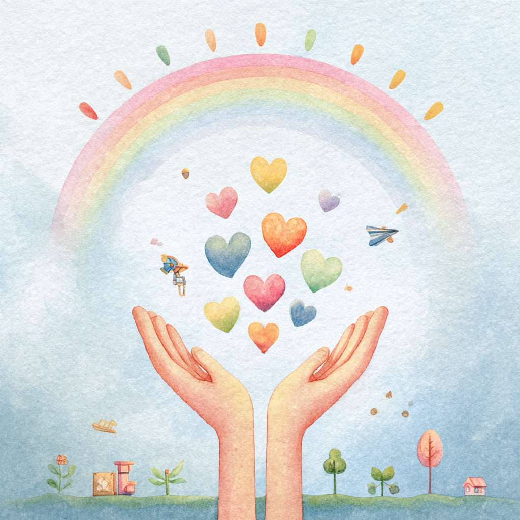 Chinese welfare lottery poster, A4 vertical, no text at all, picture-book watercolor style, soft pastel blue to white gradient background, big gentle hand center holding 7 small heart-shaped seeds in rainbow colors, seeds flying up forming a light rainbow arc, 7 childlike crayon sunshine rays from top, bottom green sprout line with 5 simple icons (crutch, book, house, heartbeat, tree), tiny paper plane at rainbow end, bright and hopeful, high-res 300 dpi, no money symbols, clean space for logo” --ar 1:1 --v 7 --stylize 100 --fast