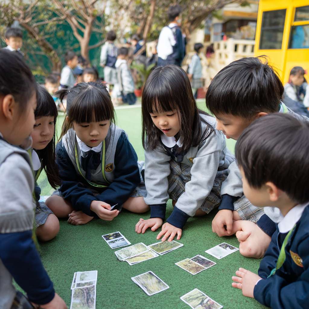 一班小六穿校服的學生們在校園裡圍成一個半圓形，以瀕危動物為主題，學生們一起遊玩瀕危動物圖案的卡牌遊戲 --ar 1:1 --v 7 --stylize 100 --fast --no 水印