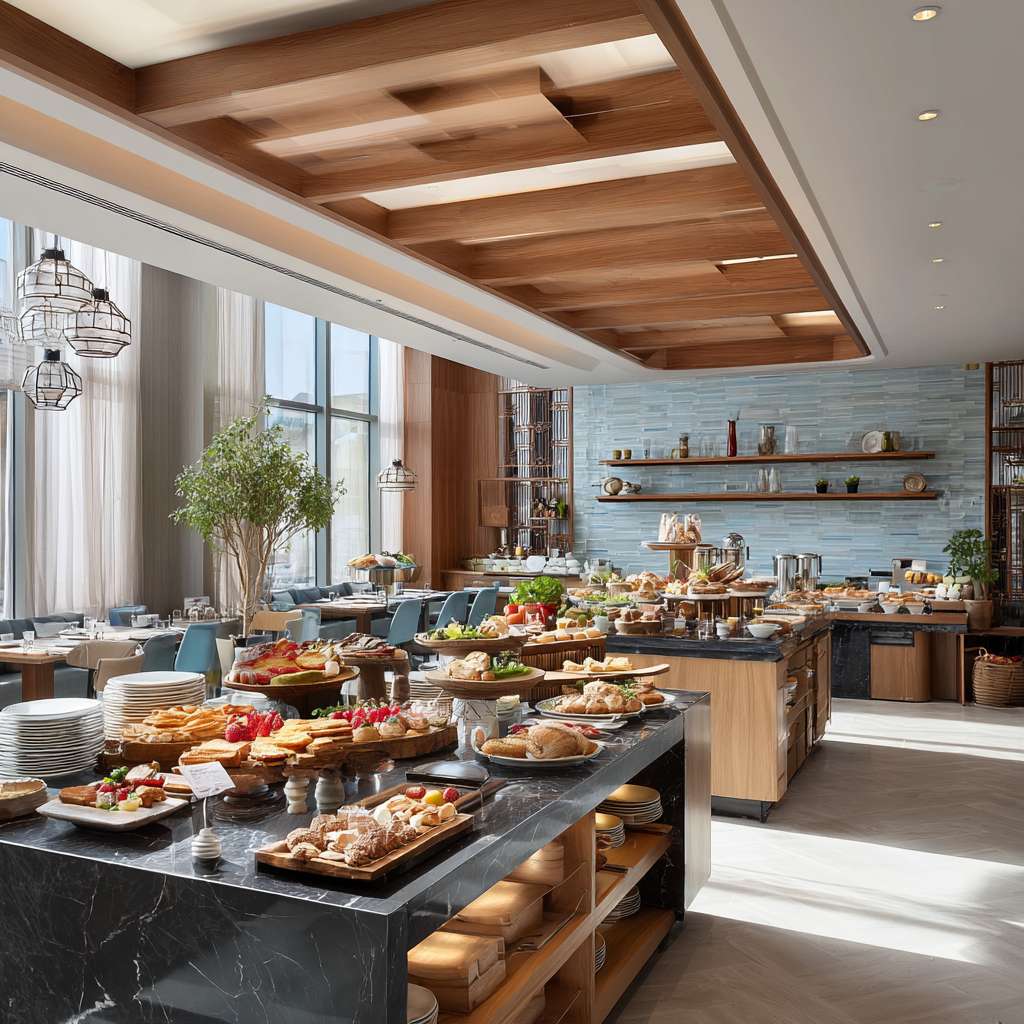 酒店餐厅真实早餐宣传图片 --ar 1:1 --v 7 --stylize 100 --fast --no 水印