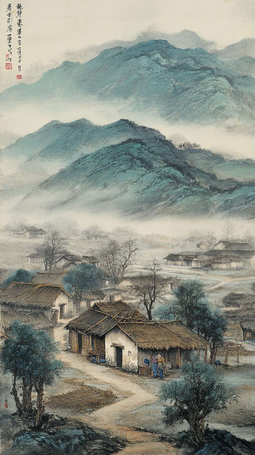 新手村-水墨风
750x1334px
构图：竖版全景，下方 2/3 为村落（3-4 间茅屋、竹篱笆、石板路），上方 1/3 为远山（层峦叠嶂）核心元素：- 茅屋：稻草屋顶（焦墨点画）、竹木结构（淡墨线条）- 炊烟：淡墨留白，呈 “S” 形飘散- 点缀：村口老槐树（浓墨枝干、淡墨树叶）、田埂小路
主色调：灰蓝色（R150-170, G160-180, B180-200）辅助色：- 屋顶稻草：暖灰色（R160-170, G150-160, B130-140）- 树叶：淡绿色（R140-150, G160-170, B130-140）统一适配：灰蓝色与其他场景主色调明度对齐（保持 30%-85% 区间）
1. 炊烟用 “淡墨晕染 + 留白” 技法，与竹林的薄雾笔触一致2. 茅屋线条粗细与武馆的木架线条保持统一3. 远山墨色层次与山间小路的云海层次一致 --ar 9:16 --v 7 --stylize 100 --fast --no 水印