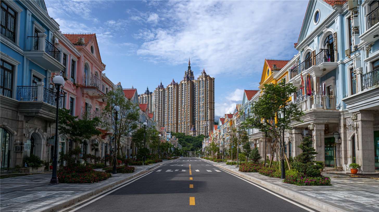 街道景观，中间是沥青路面，两侧是高低搭配的一二层建筑，建筑颜色搭配美观，童话世界的样式， --ar 16:9 --v 7 --stylize 100 --fast --no 水印