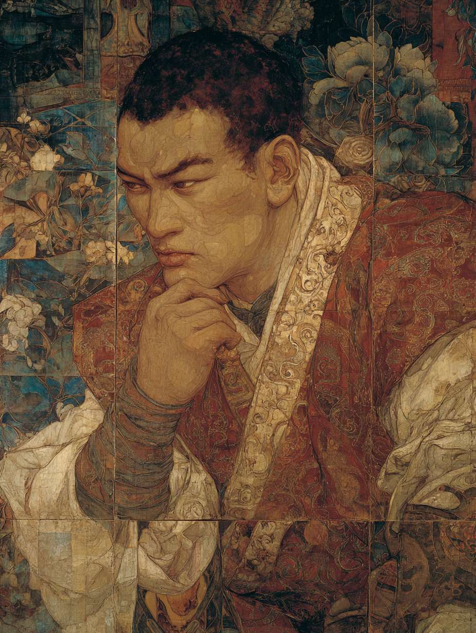 身着华服的贵族青年（悉达多）皱眉沉思 --ar 3:4 --v 7 --stylize 100 --fast --no 水印